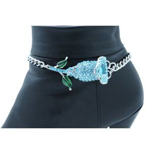 Women Silver Metal Chain Boot Bracelet Bridal Shoe Charm Baby Blue Flower Anklet
